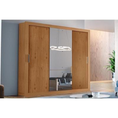 Guarda Roupa Casal 3 Portas de Correr e 4 Gavetas c/ Espelho Veneza Luxo Naturale-Naturale Ripado-Flex - Rufato