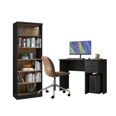 Escritório Com Escrivaninha 2 Gavetas E Livreiro Multiuso Preto-carvalho - Fdecor
