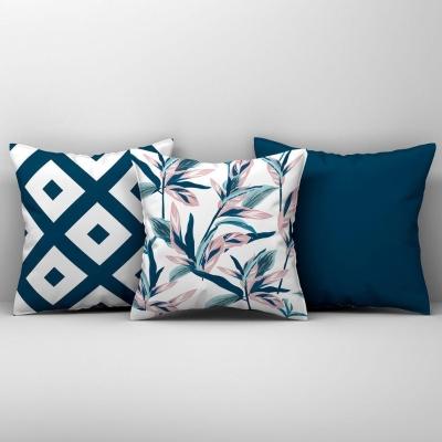 Kit Trio De Almofadas Cheias Estampadas Em Veludo Suede 45cm X 45cm Enchimento Em Refil Silicone - Decoração Para Sala Cor Azul