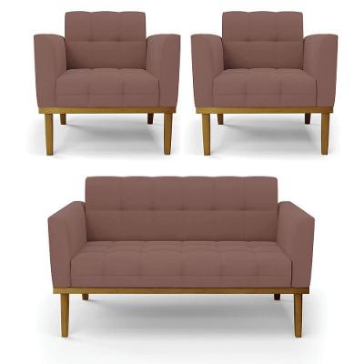 Sofá Namoradeira E 2 Poltronas Base Madeira Castanho Elisa Veludo D03 - D\'rossi Cor Rose