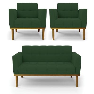 Sofá Namoradeira E 2 Poltronas Base Madeira Castanho Elisa Veludo D03 - D\'rossi Cor Verde