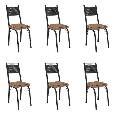 Kit 6 Cadeiras De Cozinha Virginia Estampado Rattan Bege Pés De Ferro Preto - Pallazio