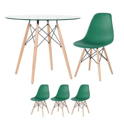 Mesa Redonda Eames Com Tampo De Vidro 90 Cm + 3 Cadeiras Eiffel Dsw Verde Escuro