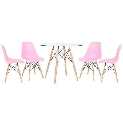 Mesa Redonda Eames Com Tampo De Vidro 90 Cm + 4 Cadeiras Eiffel Dsw Rosa Claro