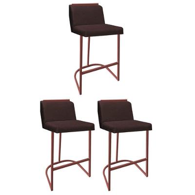 Kit 03 Banquetas Com Encosto Ninna Bistrô Cozinha Aplique Ferro Bronze Corino Marrom