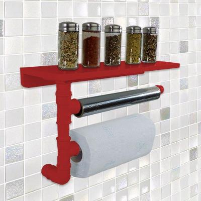 Suporte De Parede Porta Papel Toalhas E Prateleira Para Temperos Cozinha Estilo Industrial Vermelho