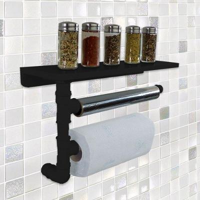 Suporte De Parede Porta Papel Toalhas E Prateleira Para Temperos Cozinha Estilo Industrial Preto