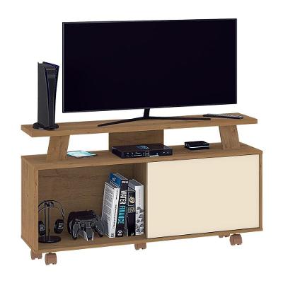 Rack Tv Até 55" Com 1 Porta E Rodízios Canelato Rústico-natura Off White 3d