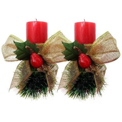 Kit 2 Velas Vermelhas Decorativas Para Natal Com Laço Dourado E Fruta