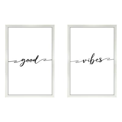 Kit 2 Quadros Casal Frases Good Vibes Moldura Branca