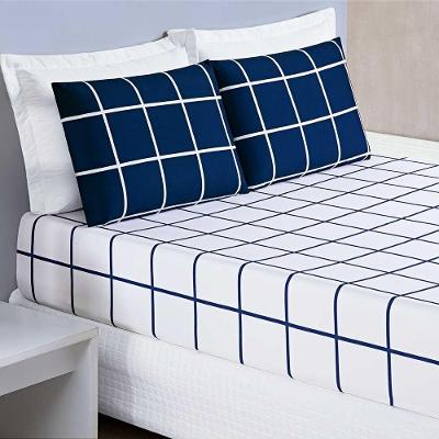 Jogo De Lençol Minimalista Casal Padrão 3 Peças Percal 200 Fios Quadriculado - Azul Marinho
