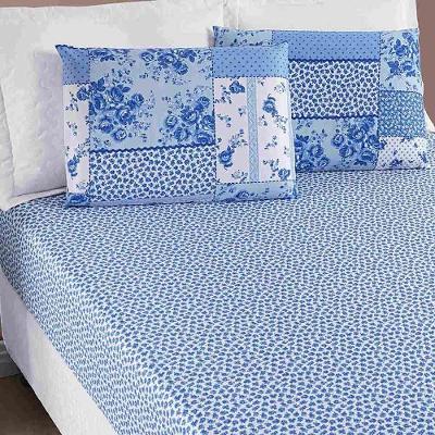 Jogo De Lençol Ayla Casal Padrão 3 Peças Microfibra Estampada Floral - Azul Sereno