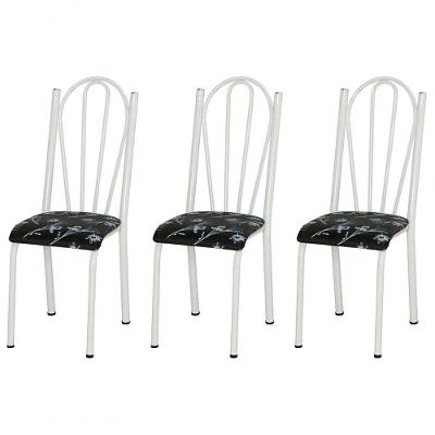Kit 03 Cadeiras Tubular Branca 021 Assento Preto Florido Preto Florido