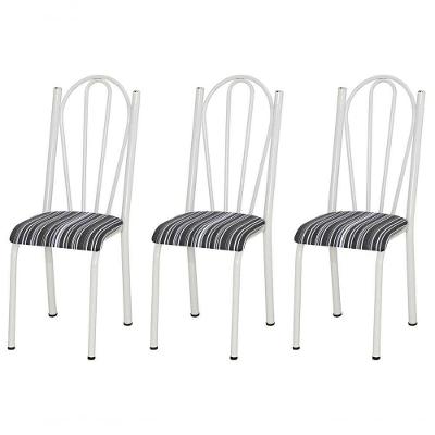 Kit 03 Cadeiras Tubular Branca 021 Assento Preto Listrado Preto Listrado