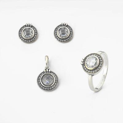 Conjunto Brinco Pingente E Anel Com Cristal E Zircônias Prata 925 Cristal 17