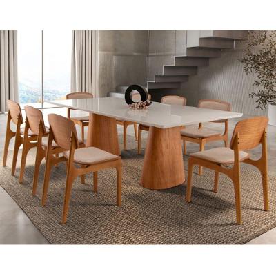 Conjunto Mesa Noronha Com Vidro E 8 Cadeiras Malta Moderna Linho Palha Off White Imbuia