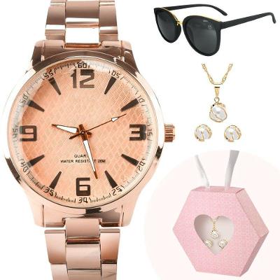 Relogio Banhado Dourado + Oculos Proteção Uv + Colar Caixa