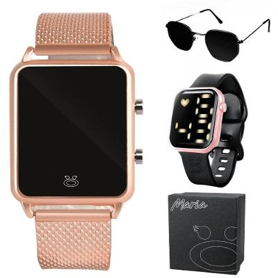 2 Relogio Feminino Digital Aço Inox + Oculos Sol + Caixa Preto  Rose Rosa Qualidade Premium