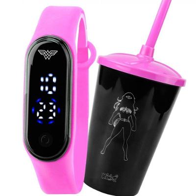 Copo Mulher Maravilha Infantil Relogio Digital Prova Dagua  Rosa Silicone Data Menina
