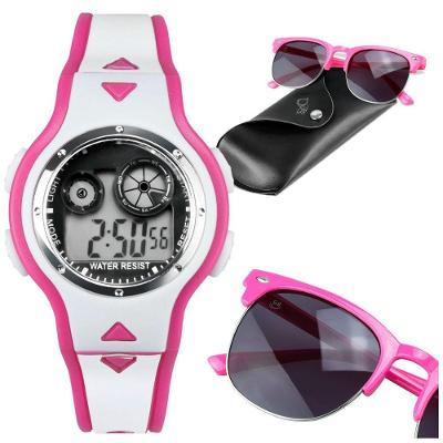Oculos + Relogio Digital Rosa Infantil Led + Case Premium Presente Adolescente Ajustavel Esportivo