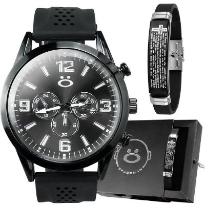 Relogio Masculino Preto Aço Inox + Caixa + Pai Nosso Pulseira Original Social Casual Ajustavel