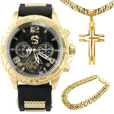 Relogio Masculino Dourado Aço Inox + Cordão Cruz Presente Dourado Analógico Casual Ajustavel Banhado