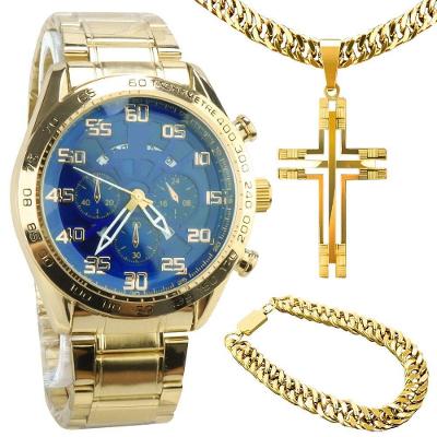 Relogio Masculino Aço Banhado + Pulseira + Cordão Grosso Social Casual Qualidade Premium Fundo Azul