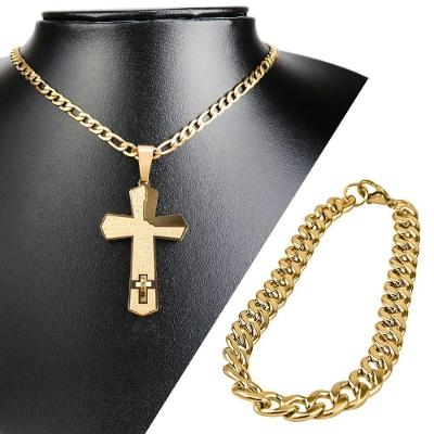 Pingente Cruz Pai Nosso + Cordão Aço Banhado Ouro + Pulseira Qualidade Premium  Presente