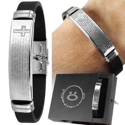 Pulseira Pai Nosso Placa Aço Inox Prata Masculina + Caixa Estilosa  Social Ajustavel Prata