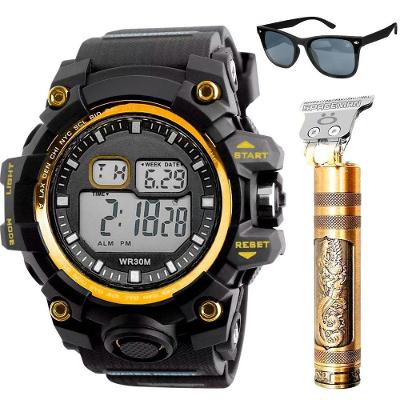 Relogio Digital Dourado + Maquina Cortar Cabelo Robusto Dourado Presente Casual Esportivo