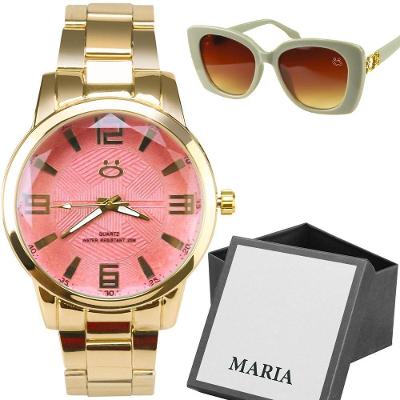 Oculos Sol Proteção Uv + Caixa + Relogio Feminino Banhado