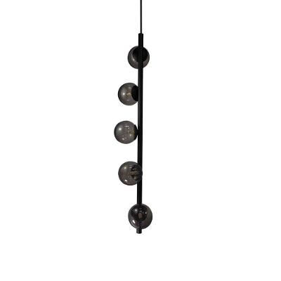 Lustre Vertical Figo Preto - 5 Globos Esfera De Vidro Fumê