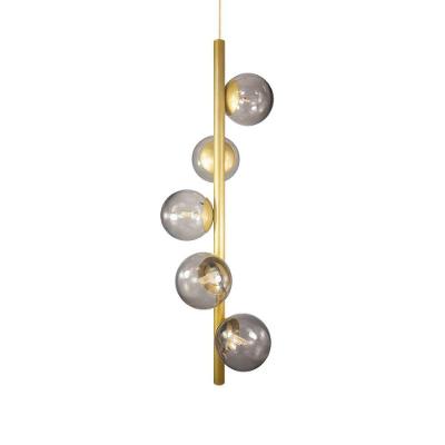 Lustre Vertical Figo Ouro - 5 Globos Esfera De Vidro Fumê