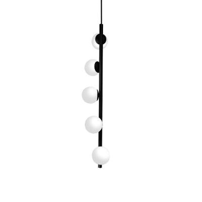 Lustre Vertical Figo Preto - 5 Globos Esfera De Vidro Branco