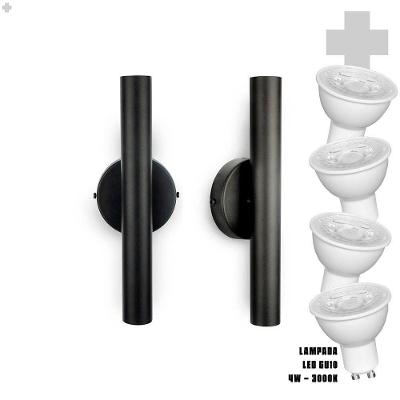 Kit 2 Arandela Foco Duplo Slim Palito - Preto + Led Gu10
