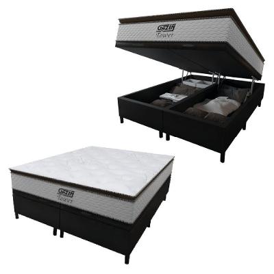 Cama Box Baú Queen Colchão Molas Pocket Ensacadas Tower 158x198x75cm Branco-preto Gazin Branc-marr