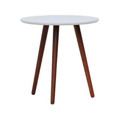 Mesa Lateral Tripé Tampo Mdf E Pés Madeira Eucalipto Maciço - Amêndoa Branco