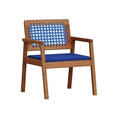 Poltrona Garden Madeira Maciça Assento Estofado Encosto Trançado Corda - Natural Acquablock Azul