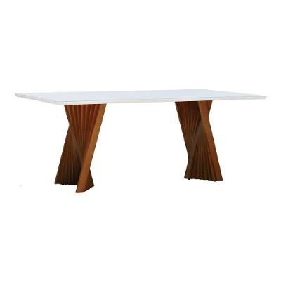 Mesa De Jantar Gus 180x100cm Tampo Mdf Laqueado Com Vidro - Amêndoa Off White