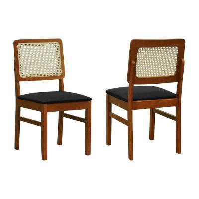 Kit 2 Cadeiras Madeira Maciça Lyon Encosto Telinha Natural - Amêndoa Assento Estofado Linho Preto Textura