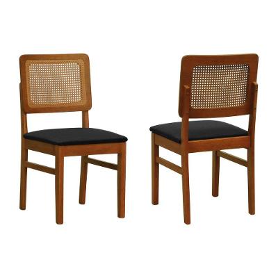 Kit 2 Cadeiras Madeira Maciça Lyon Encosto Telinha Amêndoa - Amêndoa Assento Estofado Linho Preto Textura