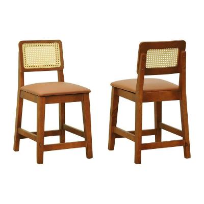 Kit 2 Banquetas Baixa-cadeira Gabi Madeira Maciça Encosto Telinha - Amêndoa Assento Estofado Corano Caramelo