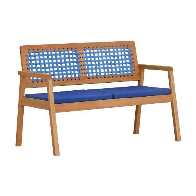 Sofá 2 Lugares-namoradeira Garden Madeira Maciça Assento Estofado Encosto Trançado Corda - Natural Acquablock Azul