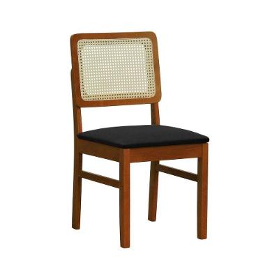 Cadeira Lyon Madeira Maciça Encosto Telinha Natural - Amêndoa Assento Estofado Linho Preto Textura