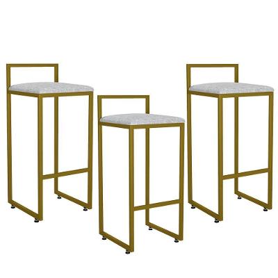 Kit 03 Banquetas Alta Hanna Dourado Linho Cru