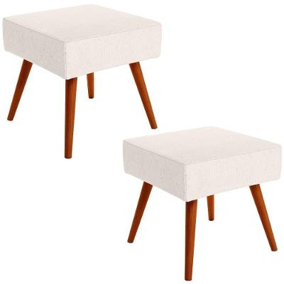 Kit 02 Puffs Banqueta Decorativa Com Pés Palito Linho Cru