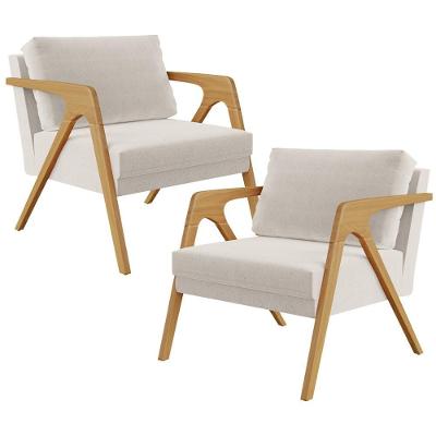 Kit 02 Poltronas Estrutura De Madeira L02 Linho Cru