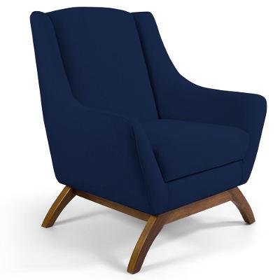 Poltrona Fixa Base De Madeira Veludo Azul Oxford