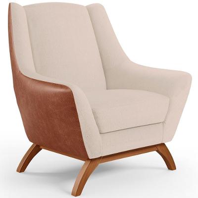 Poltrona Base Em Madeira Camel B-14 Linho Bege C-107