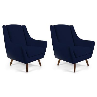 Kit 02 Poltronas Fixa Pés De Madeira Veludo Azul Marinho